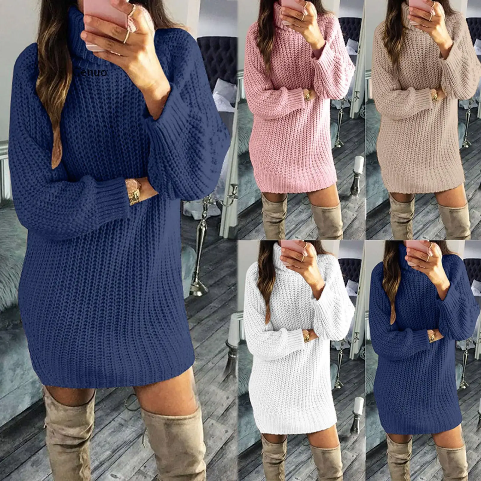 Women Solid Turtle Neck Winter Autume Warm Knit Sweater Long Top Dress Stylish and fashion design Comfortable material