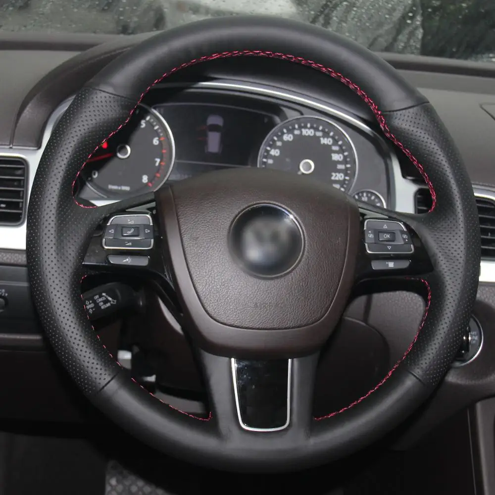 Hand Sew Black Leather Car Steering Wheel Cover for Volkswagen VW Touareg 2010 2011 2012 2013 2014 2015 2016 2017 2018