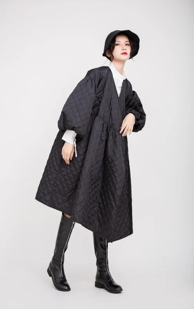 Female new autumn and winter korean style sweet Retro lantern sleeve rhombus embossed long Korean cotton coat