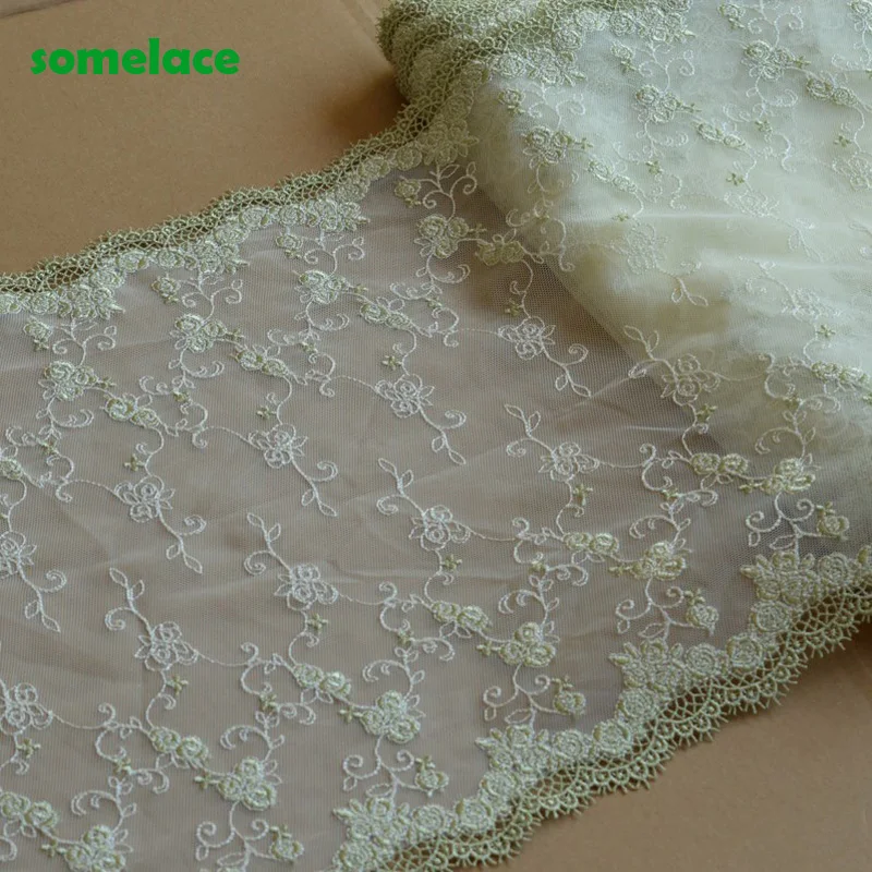 1Meter 30cm Wide Transparent Gazue Light Green Mirror Floral Embroidery  Lace Trim For Garments And Wedding Decoration