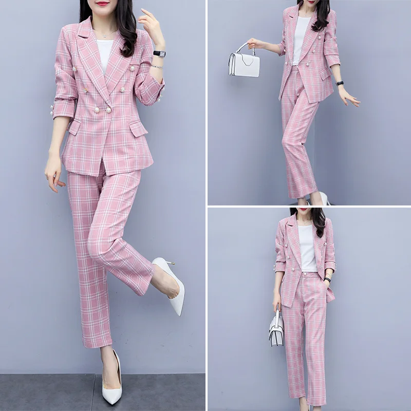 

Autumn new Korean Office Lady fashion elegant plaid slim small suit was thin straight pants two-piece women suits office sets