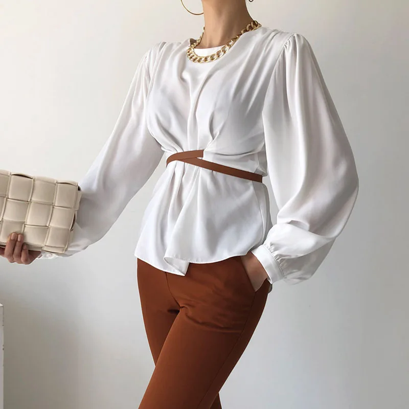 Elegant Fashion White Blouse Women Autumn Round Neck Chic Cross Belt Slim Women's Shirt Korean Long Sleeve Blusas De Mujer 16120