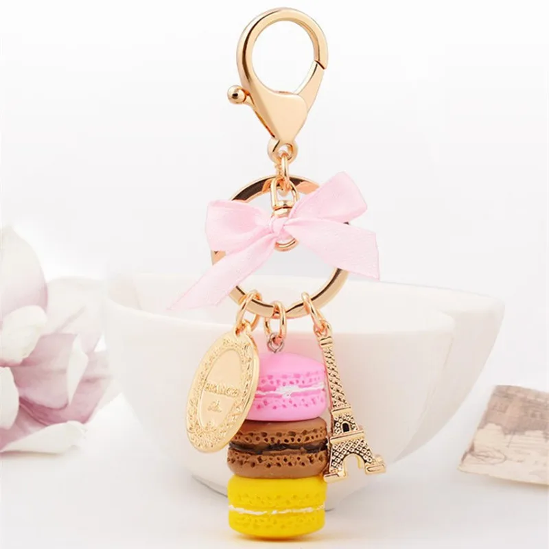 Creative Macarons Cake Keychain LADUREE Effiel Tower Ribbon Key Chain Ring Women Handbag Bag Charm Fashion Trinket Wholeasle