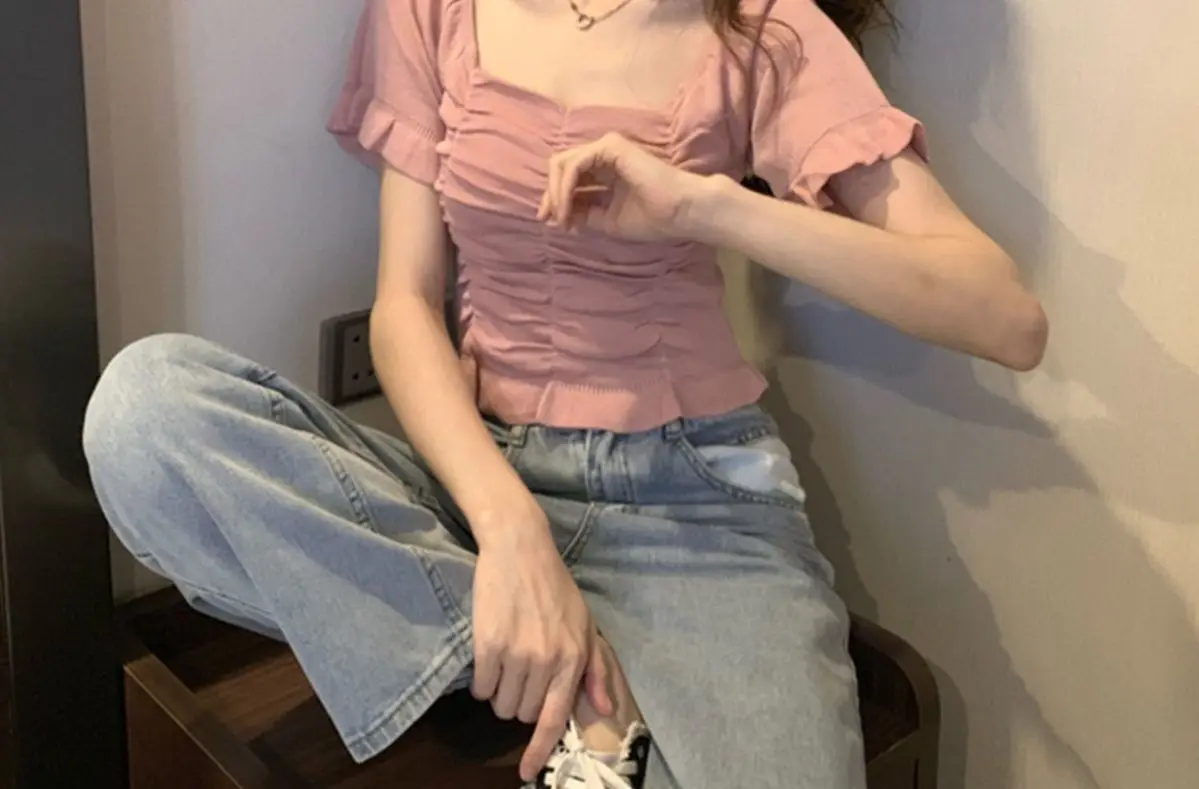 Gestrickte Modische Bluse Damen Rüschen Jugendlich Elegant Sommer Crop Top Sexy Figurbetonte Bluse Kurzarm – Detail 13