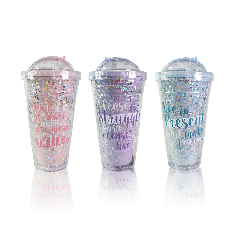 Candy Color Plastic Cup Water Bottle For Girls Cute Star Sequin Double Pink Drinking Bottles With Straw Coffee Cup