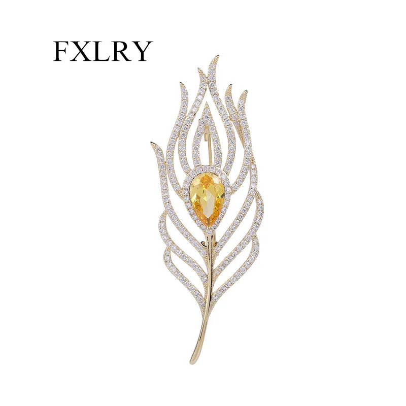 

FXLRY New Arrival Elegant Micro-Inlaid ZirconFeather Brooch For Women Fashion Autumn And Winter Clothing Accessories