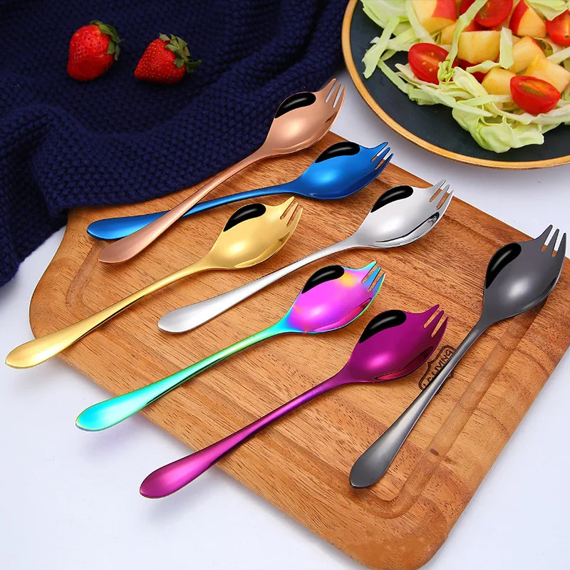 2 In 1 304 Stainless Steel Fruit Salad Fork Spoon Long Handle Portable Tableware Multifunctional Scoop Kitchen Accessories