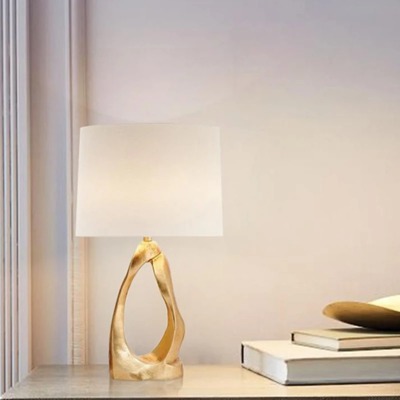 Art Simple Bedroom Golden Resin Hollow Table Lamp LED Living Room Study Decoration White Cloth Lampshade Desk Lamp