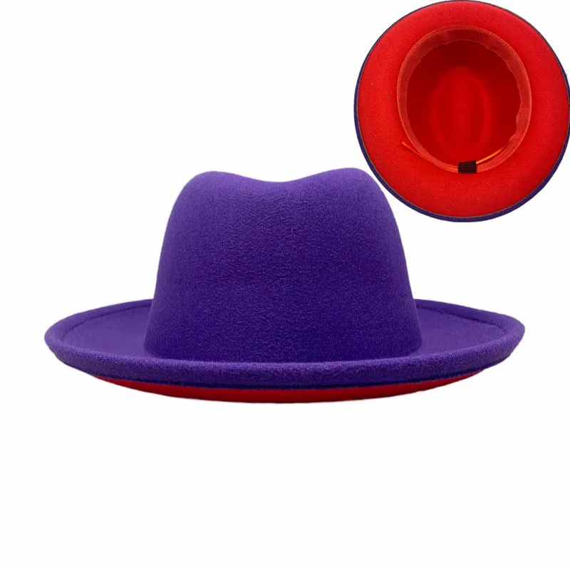 Winter Women Purple Red Patchwork Crimping Wide Brim Wool Jazz Fedora Hats Panama Trilby Cap Trend Gambler Hat Wholesale