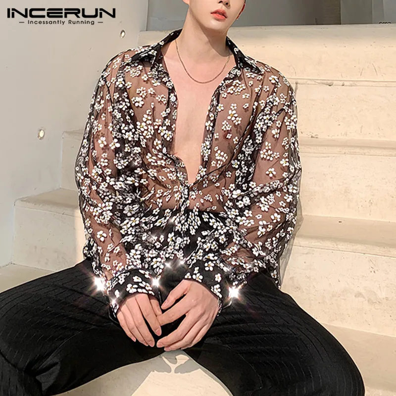 2023 Fashion Men Long Sleeve Mesh Shirts Turn Down Collar Casual Printing Shirt Man See Through Loose Blouse Party Blusas S-5XL