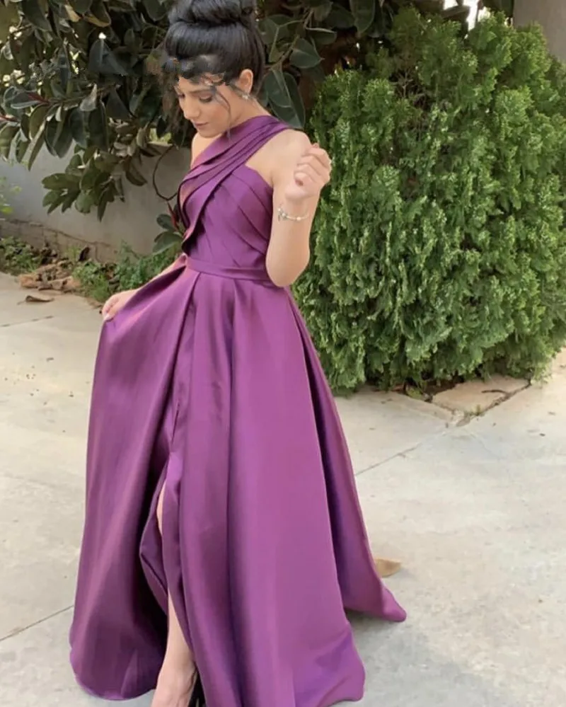 One Shoulder Sleeveless A-Line Floor Length Satin Pleated Long Women Prom Dresses 2020 Side Slit Party Gown For Prom gown