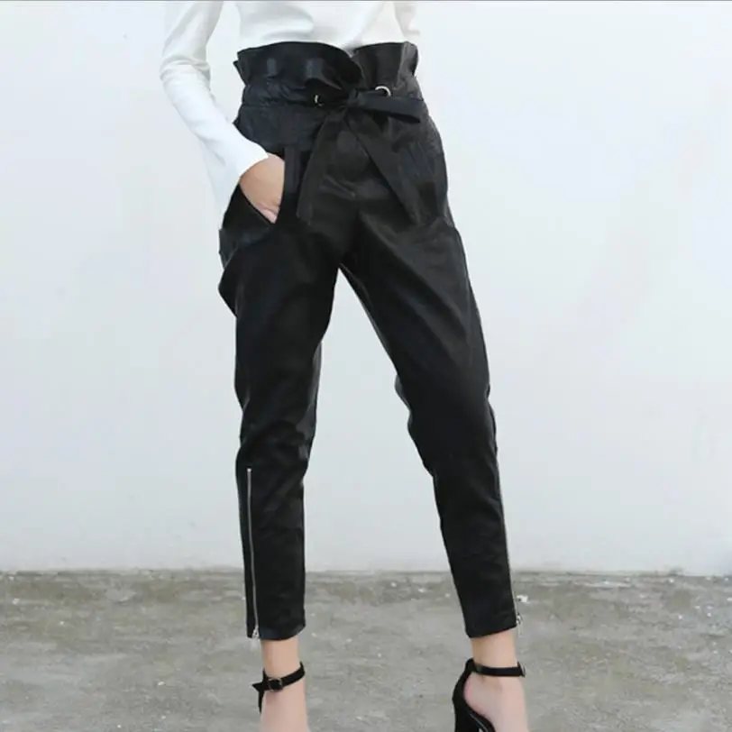 England style great quality Fashion ankle length pleated leather pants Spring female High waist was thin pu leather Pants F847