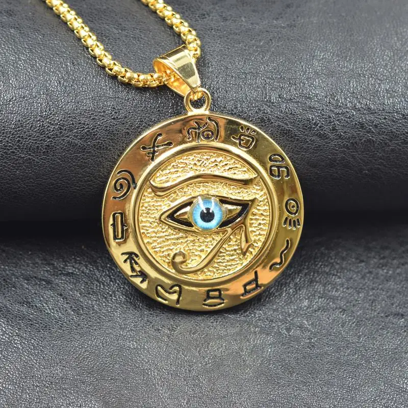 Hip hop Ancient Egypt Round Jewelry Collares Gold Color Stainless Steel Chain Egyptian Eye of Horus Necklaces & Pendants