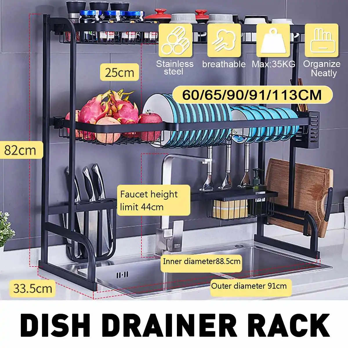 The Sink Dish Drying Rack Holder 2 Layer Stainless Steel Kitchen Shelf Organizer Over Draining Shelf Storage Countertop New