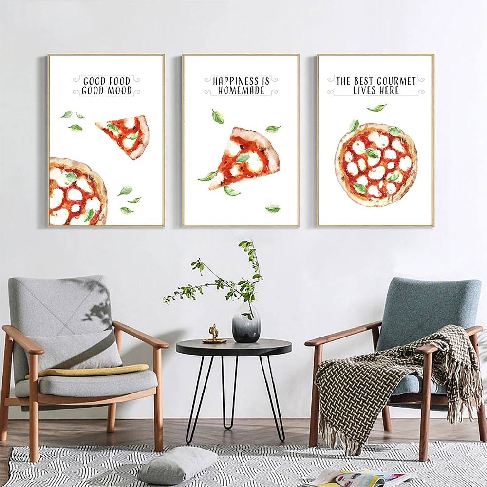 Italian Pizza Watercolor Poster and Print Modern Kitchen Dining Room Wall Art Home Decor Canvas Painting Good Food Quote Picture