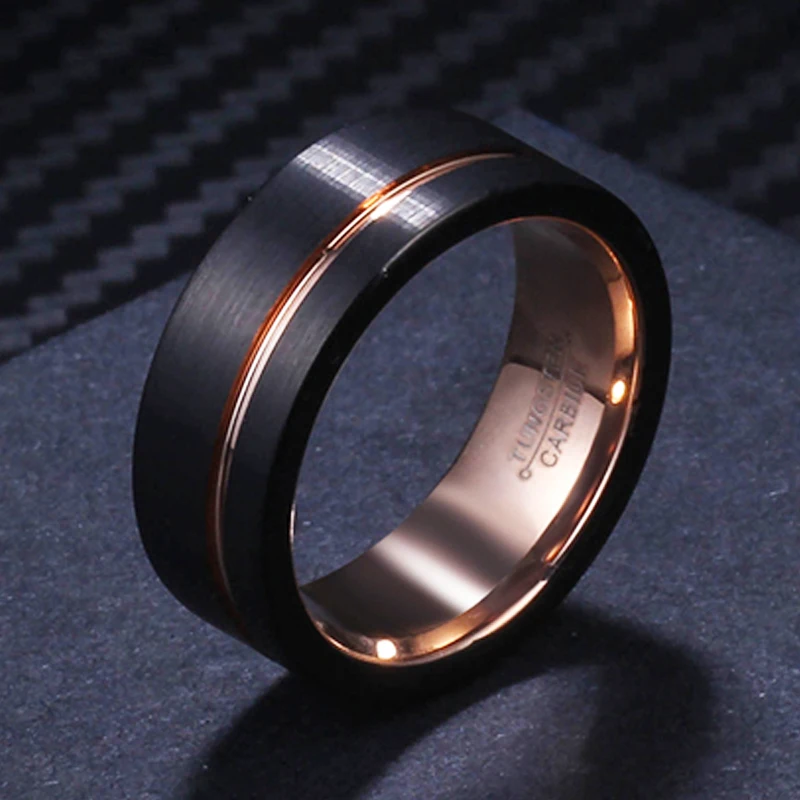 Rose Gold Color Rings for Men Black Tungsten Carbide Wedding Band Cool Finger Ring Couple Lovers Jewelry Comfort Fit Wholesale