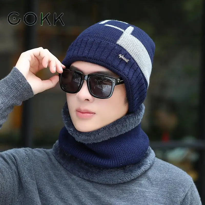 COKK – ensemble de chapeaux et écharpes en laine tricoté pour homme et femme, Skullies, Bonnet, cagoule, masque Gorras, hiver