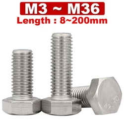 304 Stainless steel Hexagonal Machine Screws Bolts Hexagon Head Screw Threaded M3 M4 M5 M6 M8 M10 M12 M14 M16 M20~M36 DIN933