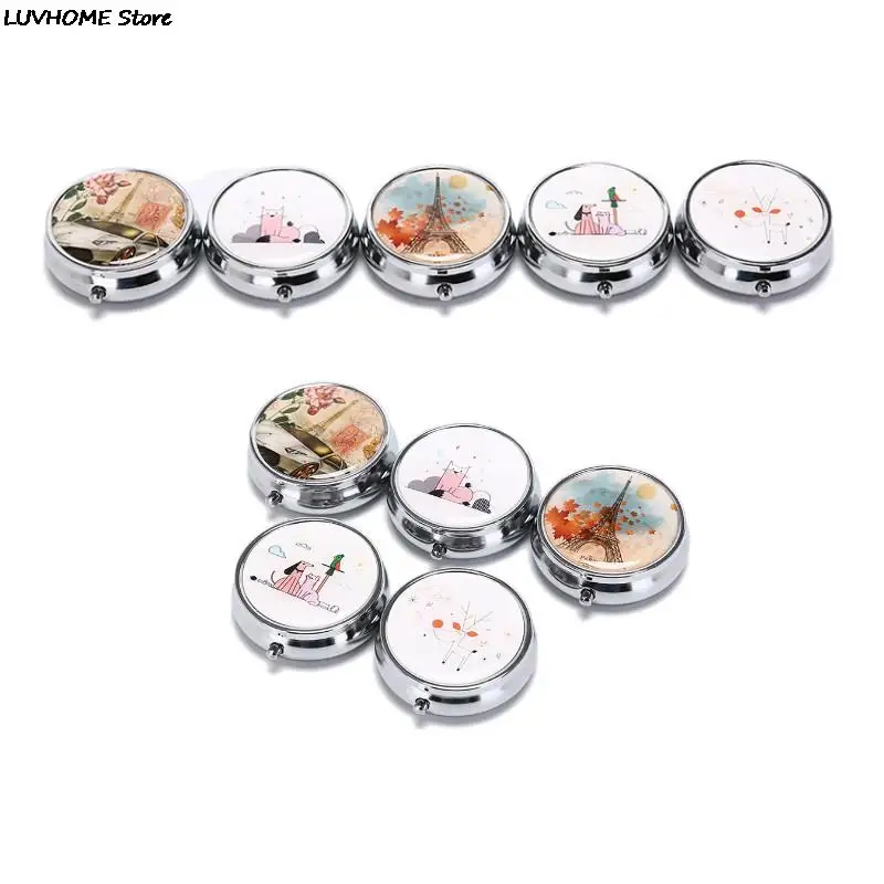 1PCS Portable Metal Round Flower Print Organizer Cute Compartment Pill Case Divid Storage Tablet Container Medicine Box