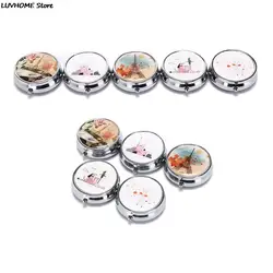 1PCS Portable Metal Round Flower Print Organizer Cute Compartment Pill Case Divid Storage Tablet Container Medicine Box