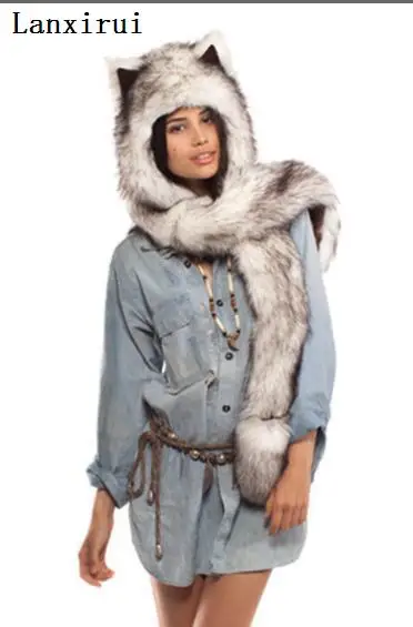 

Faux Fur Hood Animal Hat Ear Flaps Hand Pockets Animal Hood Hat Wolf Plush Warm Animal Cap with Scarf Gloves