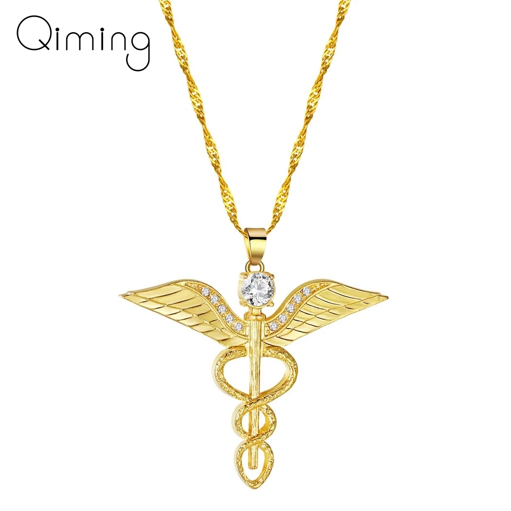 Angel\'s Wings Necklace Women Moissanite Snake Ouroboros Magic Wand Caduceus Emergency Medical Medical Doctor Nurse Jewelry