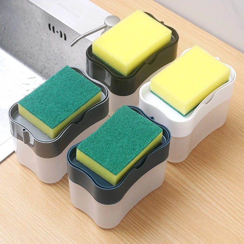 Dispenser deterjen cair penggosok, perlengkapan dapur kamar mandi, kotak sabun cair tipe-tekan 2 dalam 1