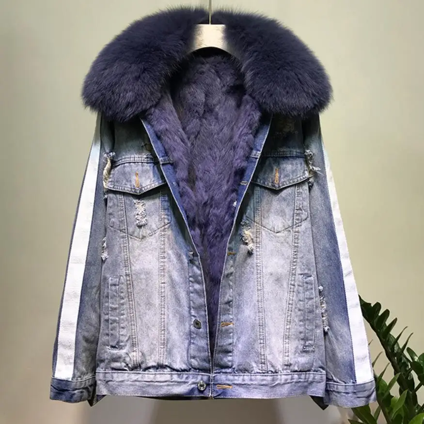 Winter Graffiti Warm Real Natural Fox Fur coat + Real Rabbit Hair Liner Denim Jacket Female Hole design Real Fur Outwear F2270