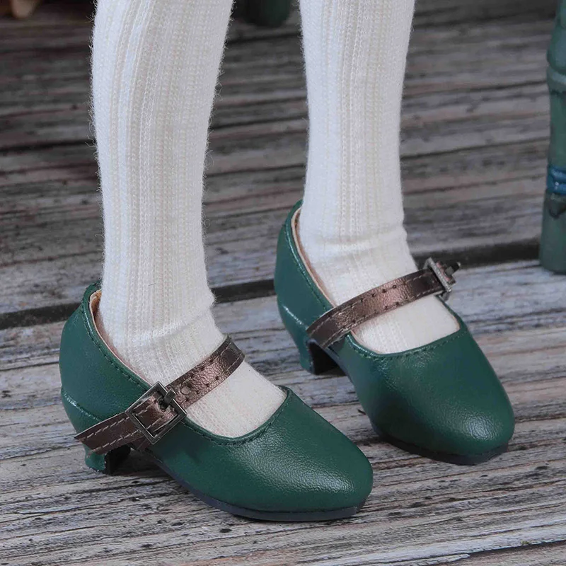 BJD doll shoes for a quarter of the size of fashionable versatile high-heel button-up shoes round head small shoes classic green