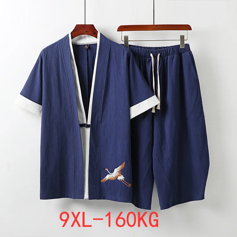 

High quality summer Men Chinese style Short Sleeve shirt and shorts linen plus size 9XL 8XL Tang suit oversize shirts vintage 54
