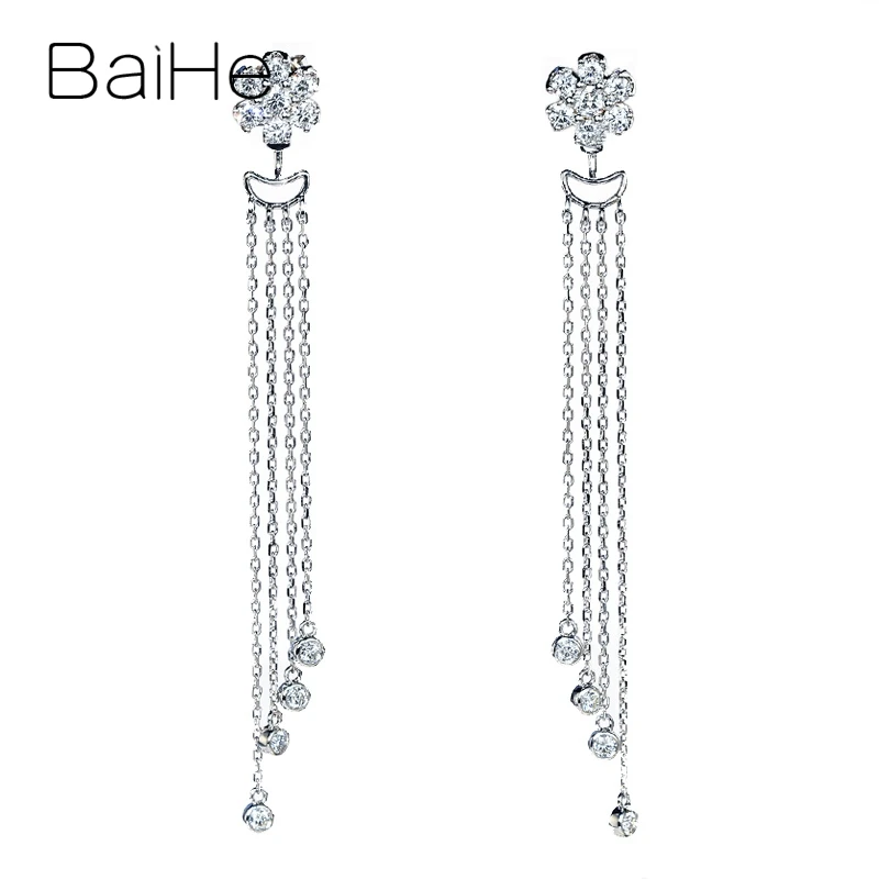 BAIHE Solid 18K White Gold 0.98ct H/SI Natural Diamond Flower Stud Earrings Long ear line Women Engagement Fine Jewelry kolczyki