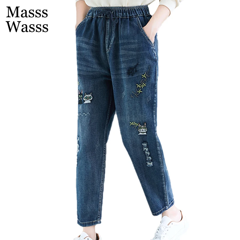 Masss Wasss New 2022 Spring Womens Loose Vintage Elastic Design Jeans European Style Blue Embroidery Denim Pants Casual Trousers