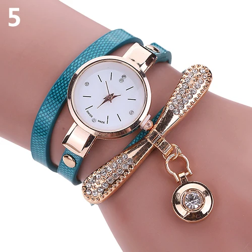 Moda feminina fina pulseira de couro falso relógio strass dial analógico relógio de pulso de quartzo com pingente de diamante com broca dial ladi