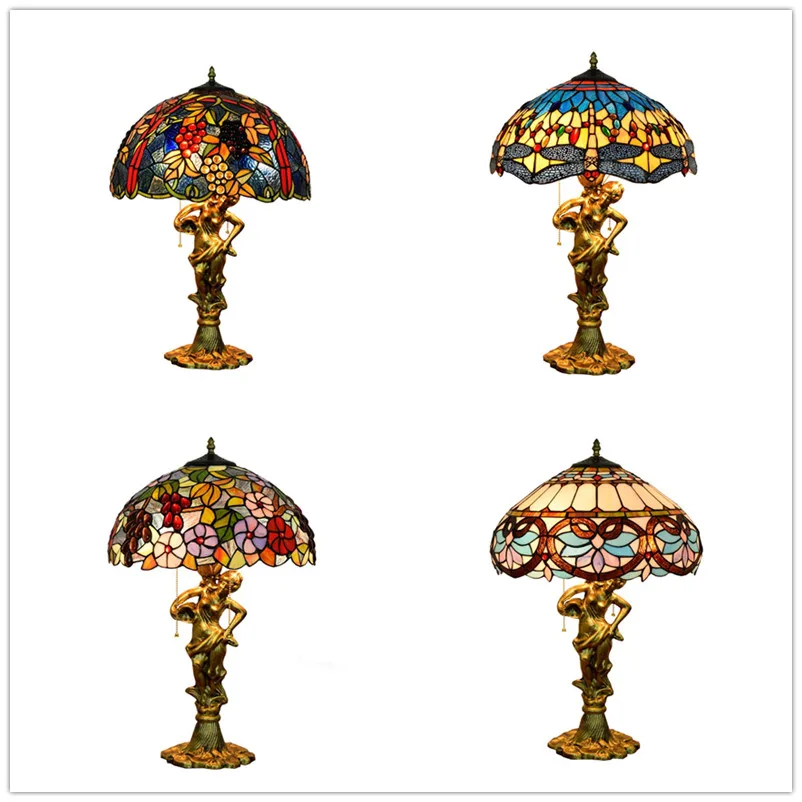 

European-style Mediterranean stained glass living room dining room bedroom bedside table lamp dragonfly grape rose lights