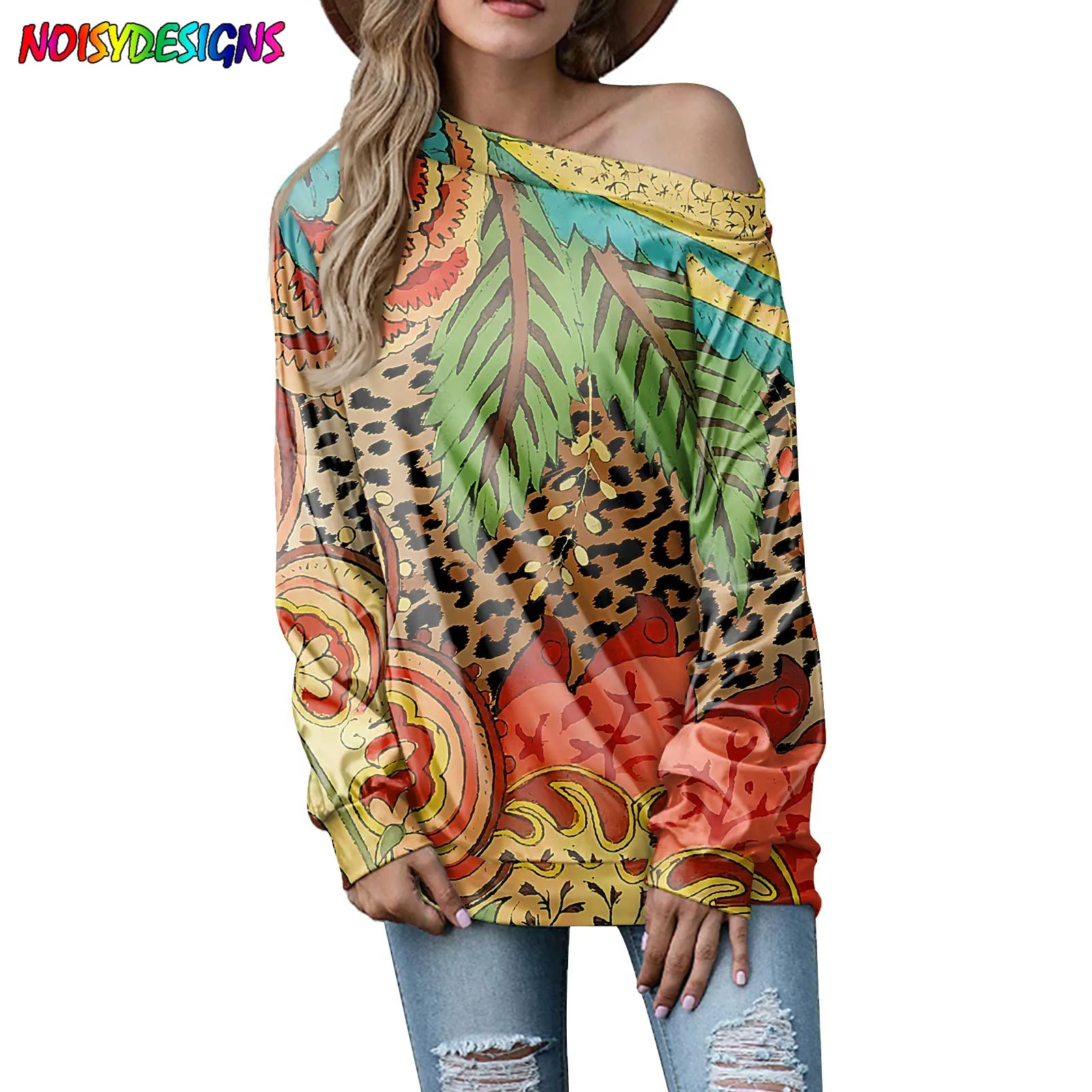 NOISYDESIGNS Femme Casual Long Sleeve Top Women Summer Sexy Leopard Flower Prints T Shirts Fashion Streetwear Tops Shirt Autumn