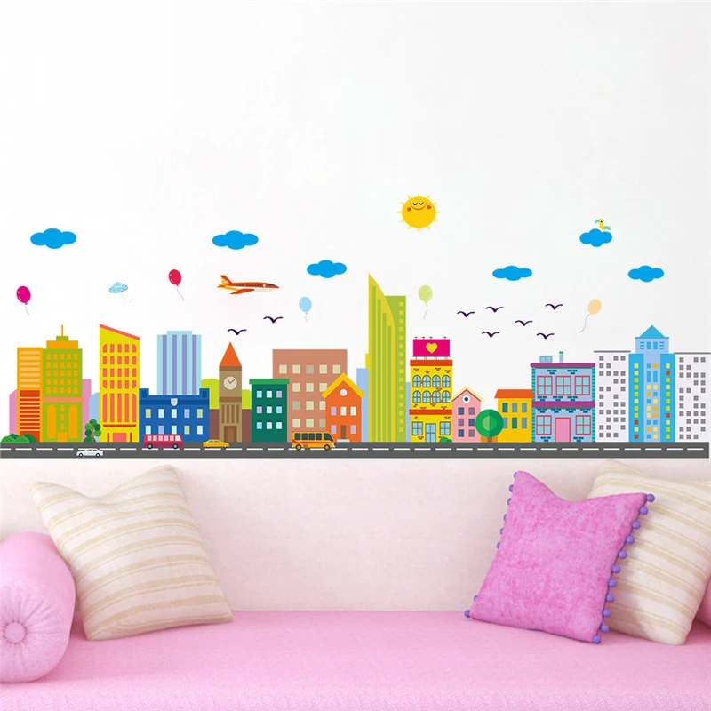 Modern City Scenery Wall Sticker For Office Living Room Decoration Cartoon Landscape Mural Art Diy Home Decals Posters