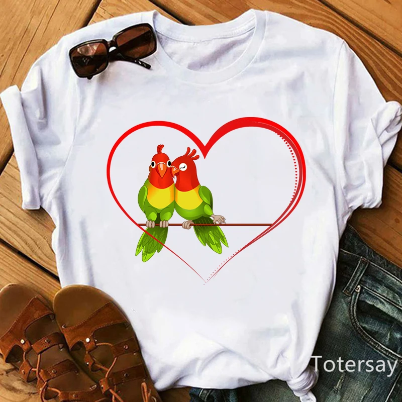 Kawaii Love Birds T Shirt Graphic Print T Shirts Valentine Gift Female Clothing Vintage Women Clothes Short Sleeve T-Shirts Top