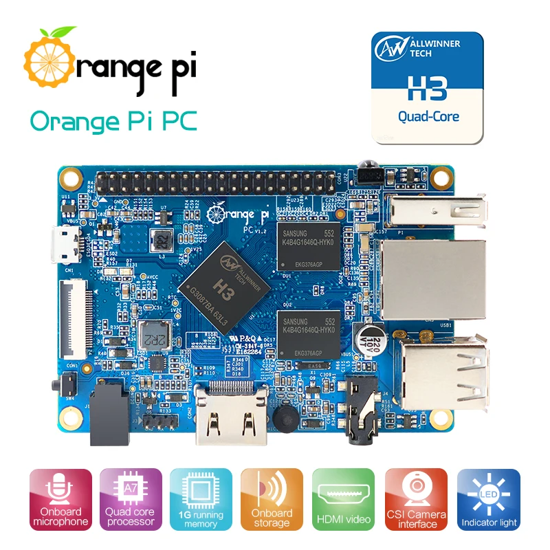 Laranja Pi-H3 Quad-Core PC, 1GB, Quad-Core, Android, Ubuntu, Linux, Android, Mini PC, ORI3, Imagem Debian, Single Board Computer