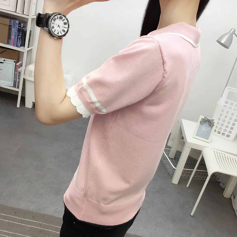 Summer  new spring clothing ice silk knitting women's short sleeve T-shirt women's half sleeve short doll collar top