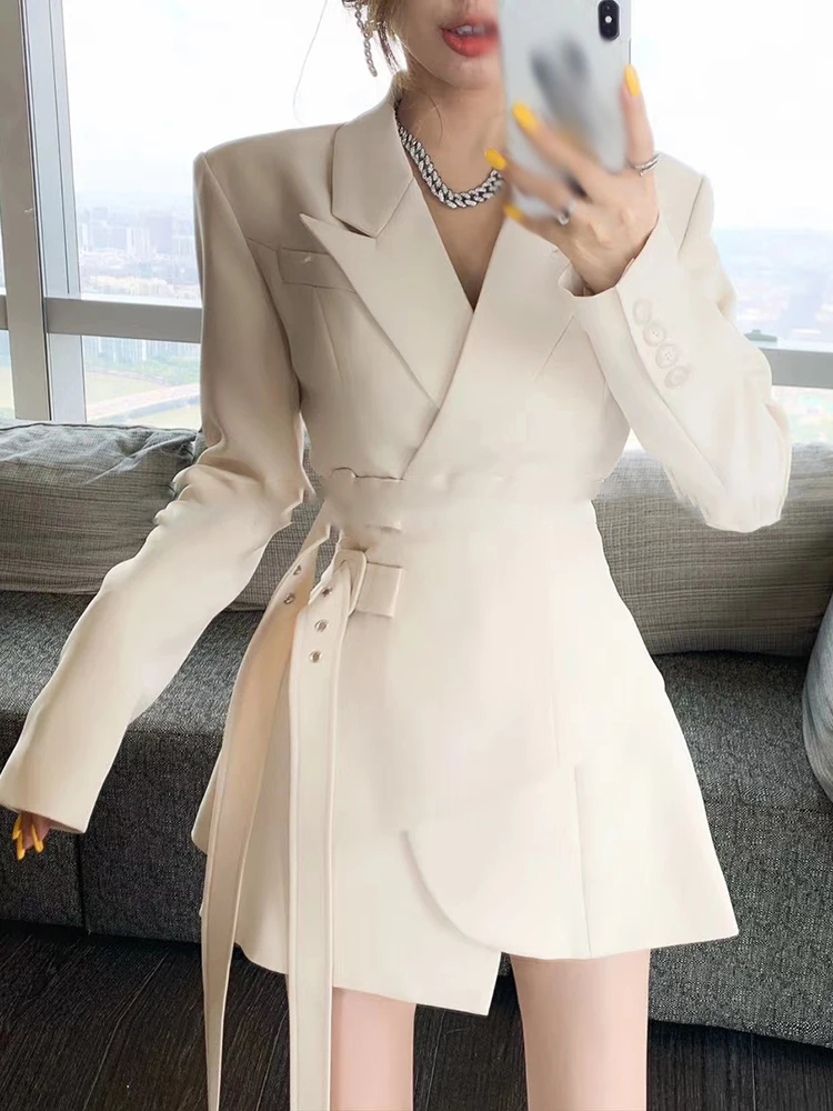 ECRURANI Apricot Patchwork Elegant Blazers For Women Notched Long Sleeve Slimming Solid Lace Up Blazer Females 2021 Autumn Style