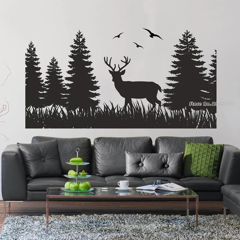 Forest Scene Wall Decal Deer And Birds Big Trees Vinyl Wall Stickers Decor Kids Wall Stickers Baby Room Fine Decor Mural LL875