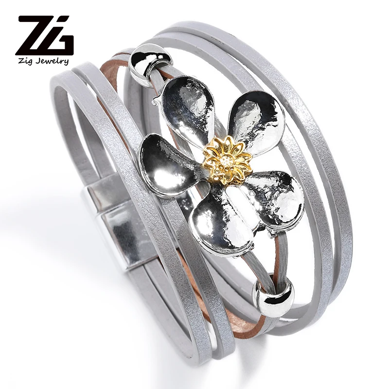 ZG  Multilayer Leather Bracelets for Women Femme 4 Colors Magnet Clasp Flower Bohemian Style Bangle Female Jewelry