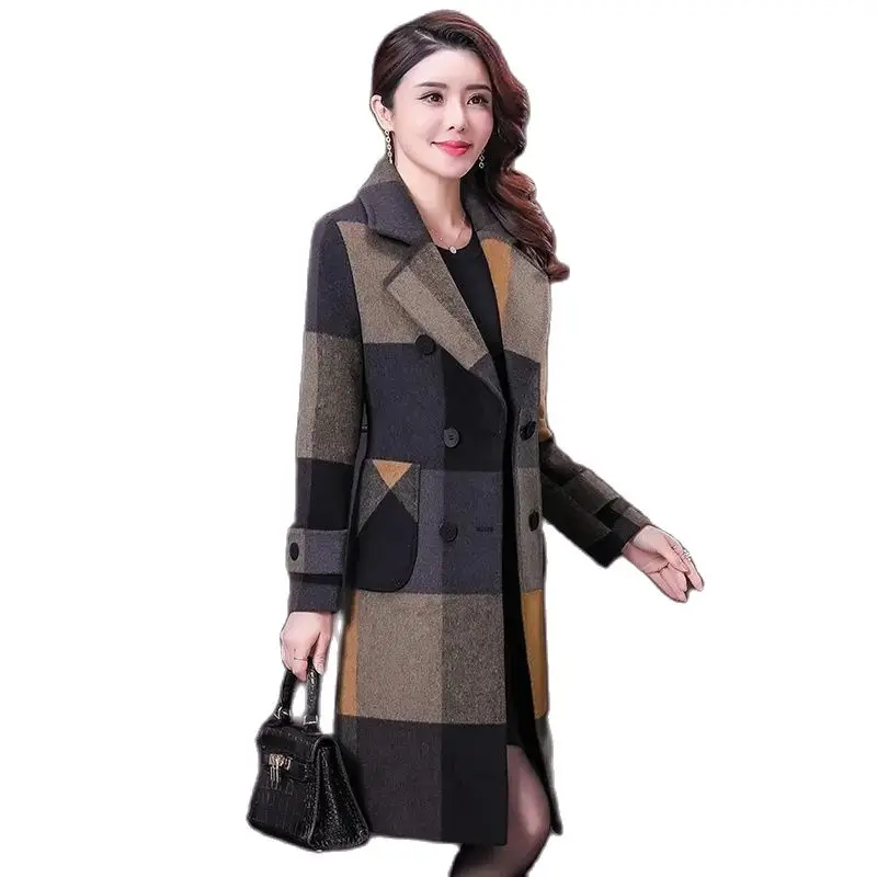 高品質のウールのコート2023,女性のための気質の秋冬の長さの厚い薄い市松模様のジャケット