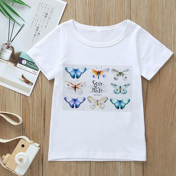 New Fashion Dragonfly Christmas Tree T-shirt Children Boys Short Sleeves White Tees Baby Kids Tops Butterfly Green Girl Clothes