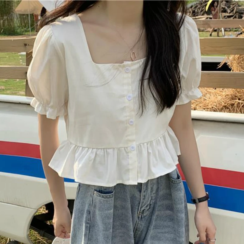 Blouses Women Lovely Ruffles Hem Ulzzang Puff Sleeve Design Ladies Crop Top Trendy Square Collar Holiday All-match Girls Blouse