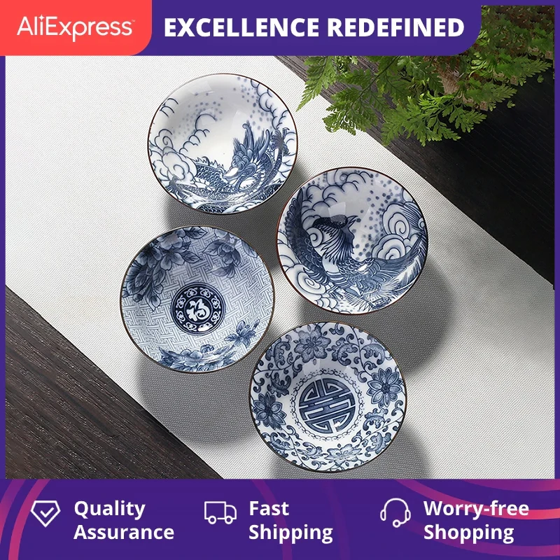 4pcs/set Blue and white porcelain tea Cup,Hand-painted Cone Teacup,Chinese style pattern teacups,Tea accessories Puer cup set