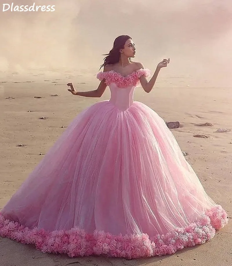 Rose Pink Evening Dress Ball Gown For Wedding Sweep Train Off Shoulder Luxury Flowers V-neck Prom Dress платья знаменитостей