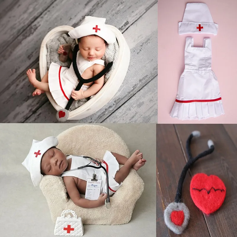 Sesi Baru Lahir Berpose Properti Fotografi Bayi Perempuan Gaun Topi Aksesori Set Pakaian Bebe FotoNurse Chef Berdandan