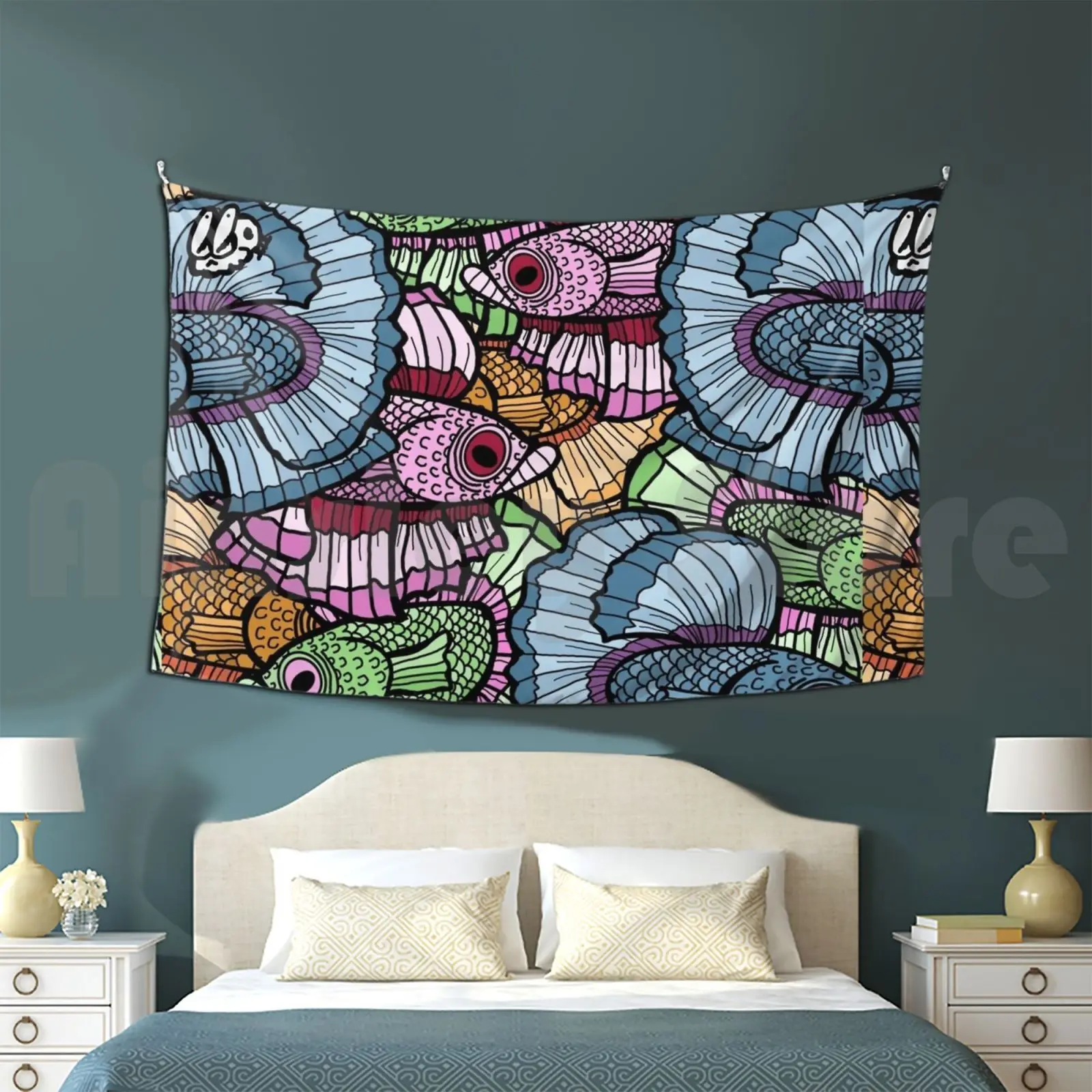 Betta Party By @subject0mega Tapestry Living Room Bedroom 1985 Betta Fish Goldfish Aquarium Sea Underwater Beach