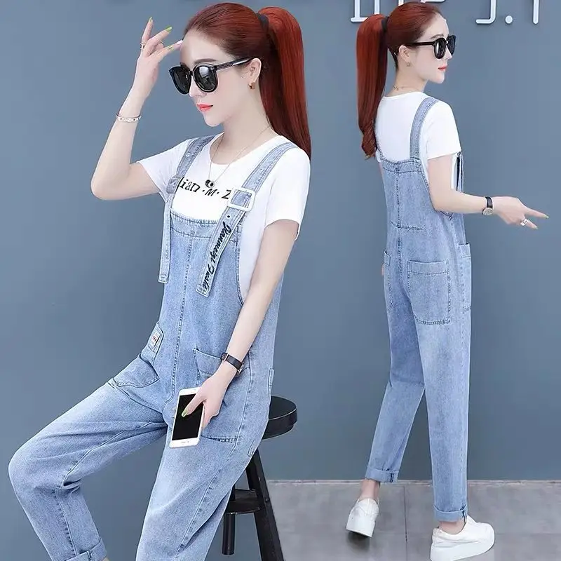 

Denim Bib Women's Summer Suit 2020 New Spring and Autumn Korean Version Loose Wild Popular High-waist Straight Pants